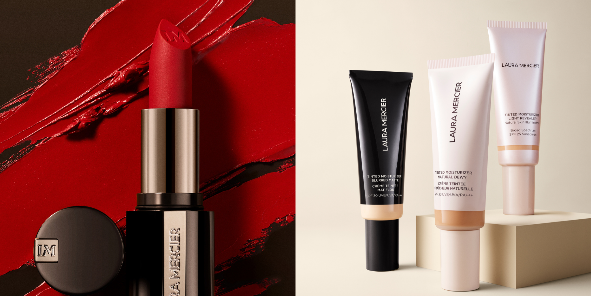 Image of red Caviar Smoothing Matte Lipstick next to image of Laura Mercier's Tinted Moisturizer foundations