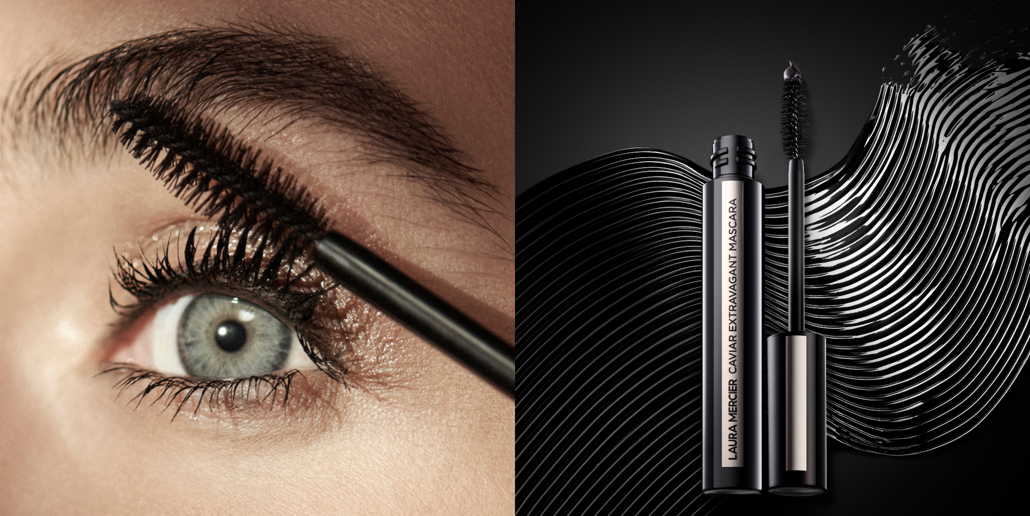 Extreme close up image of pale model's green eye with a mascara wand on her lashes next to a stylized image of Laura Mercier Caviar Extravagant Mascara infront black background with mascara swatch