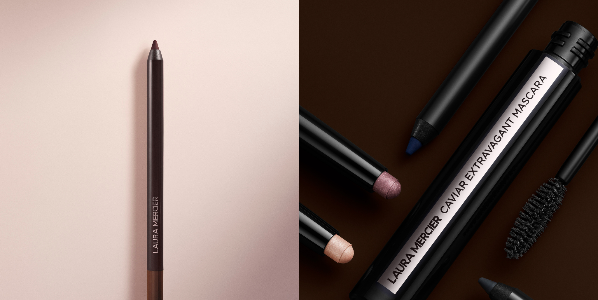 Image of brown Caviar Eyeliner next to stylized  image of Caviar Extravagant Mascara and Caviar Eyeshadow Sticks