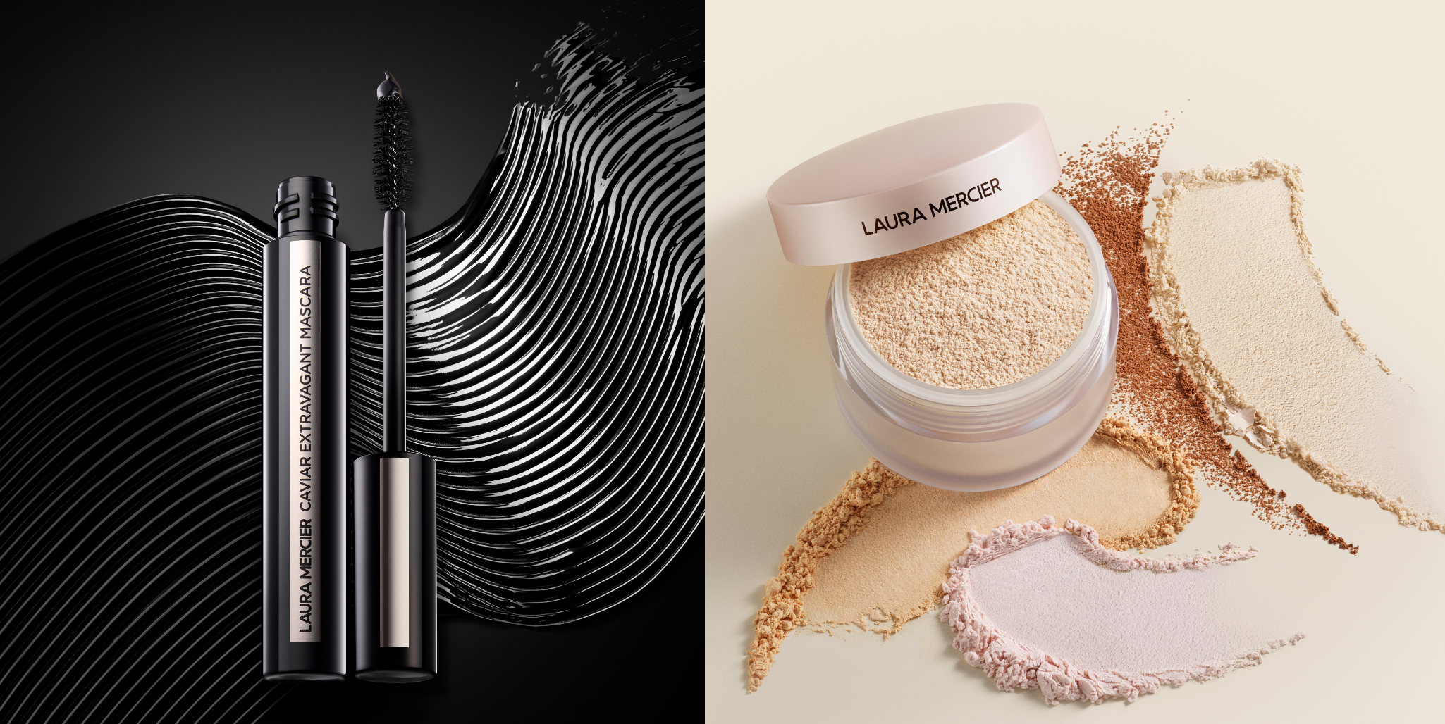 Image of Caviar Extravagant Mascara next to image of light Translucent Loose Setting Powder with swatch