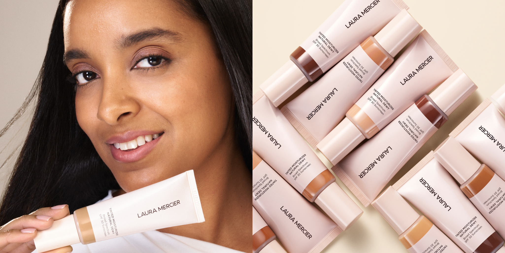 Medium skinned model holding Laura Mercier Tinted Moisturizer Natural Dewy juxtaposed with lay down image of TMND shades